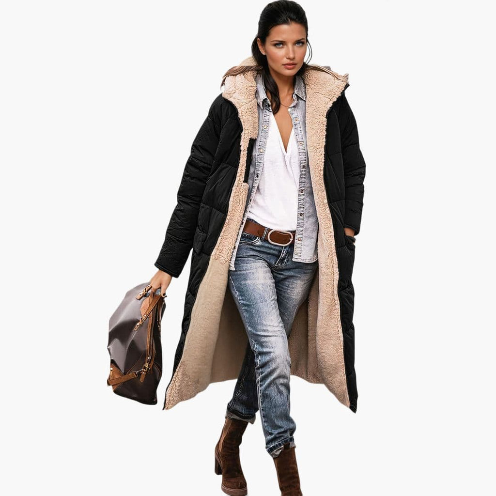 Długa pikowana kurtka damska z kapturem