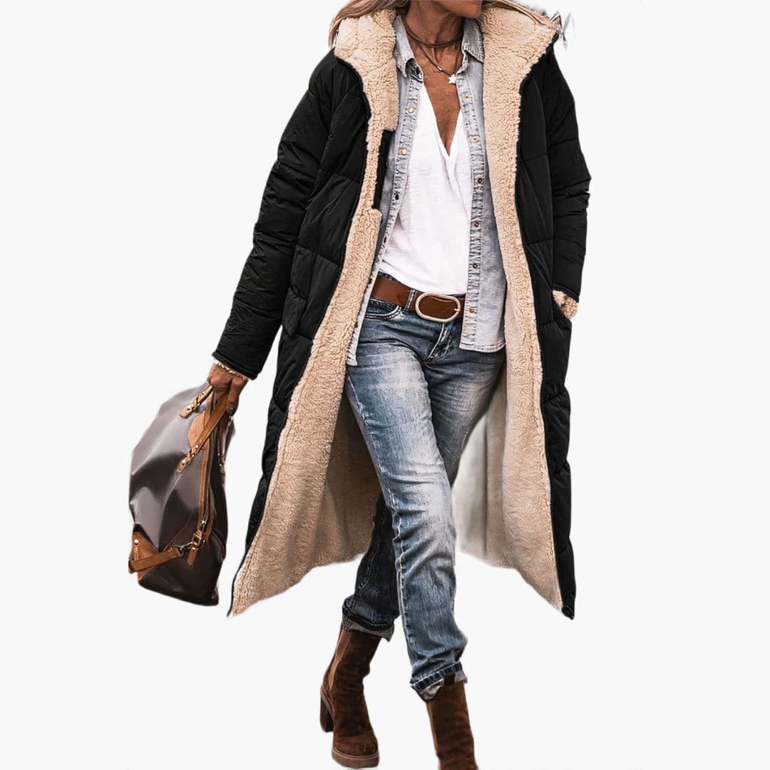 Długa pikowana kurtka damska z kapturem