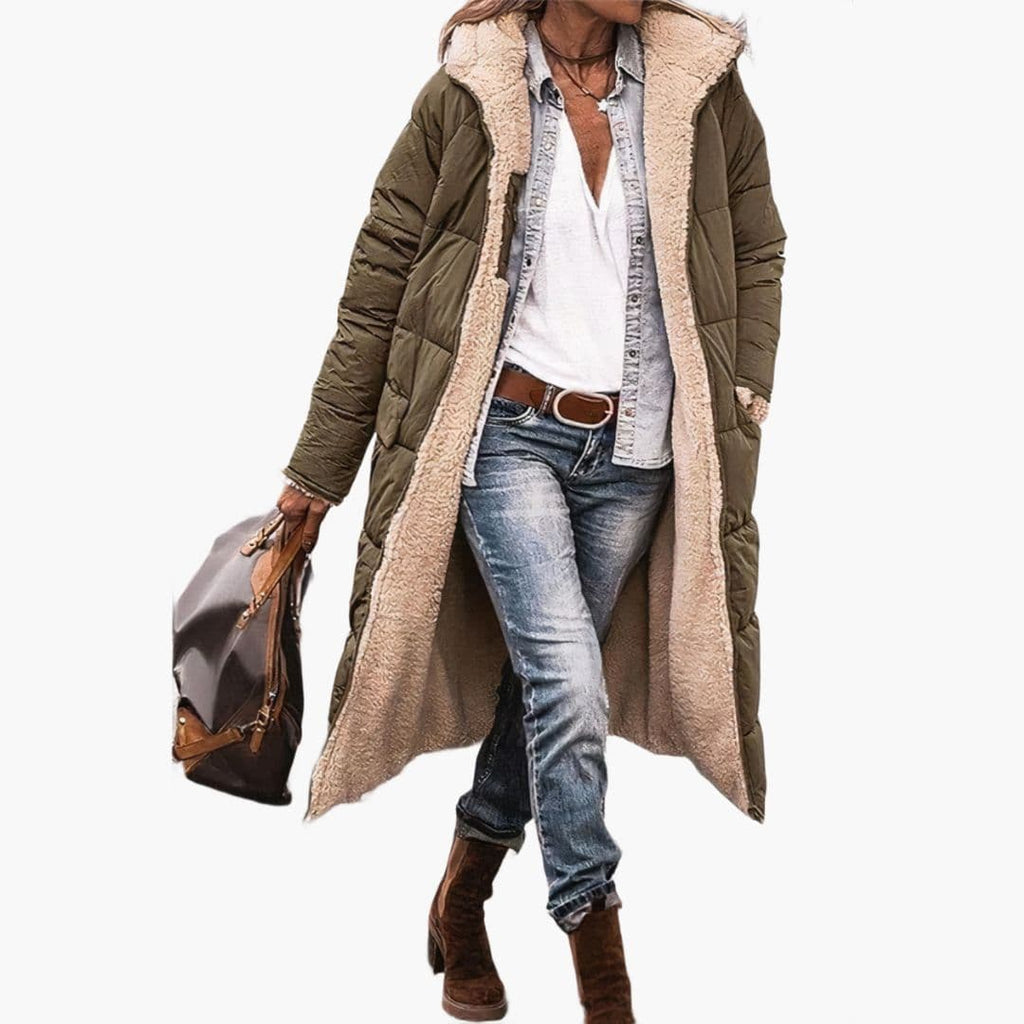 Długa pikowana kurtka damska z kapturem