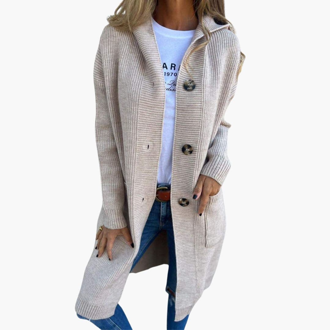 Długi kardigan damski z guzikami i kapturem