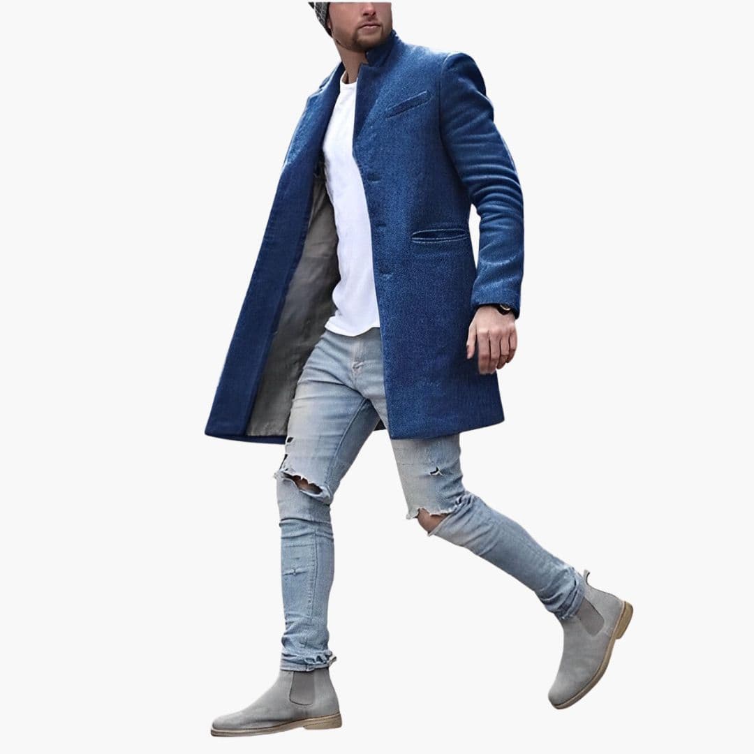 Długi płaszcz męski ze stójką i kieszeniami z przodu