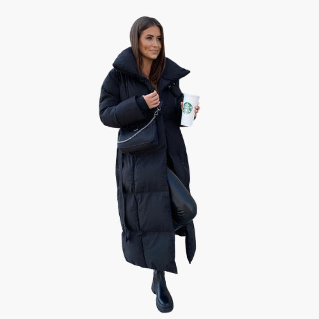 Długi płaszcz zimowy damski z szerokim kołnierzem