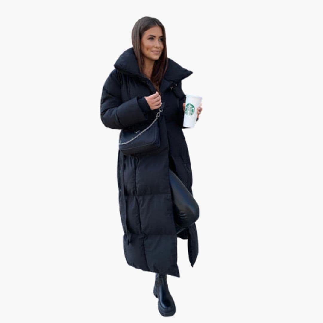 Długi płaszcz zimowy damski z szerokim kołnierzem