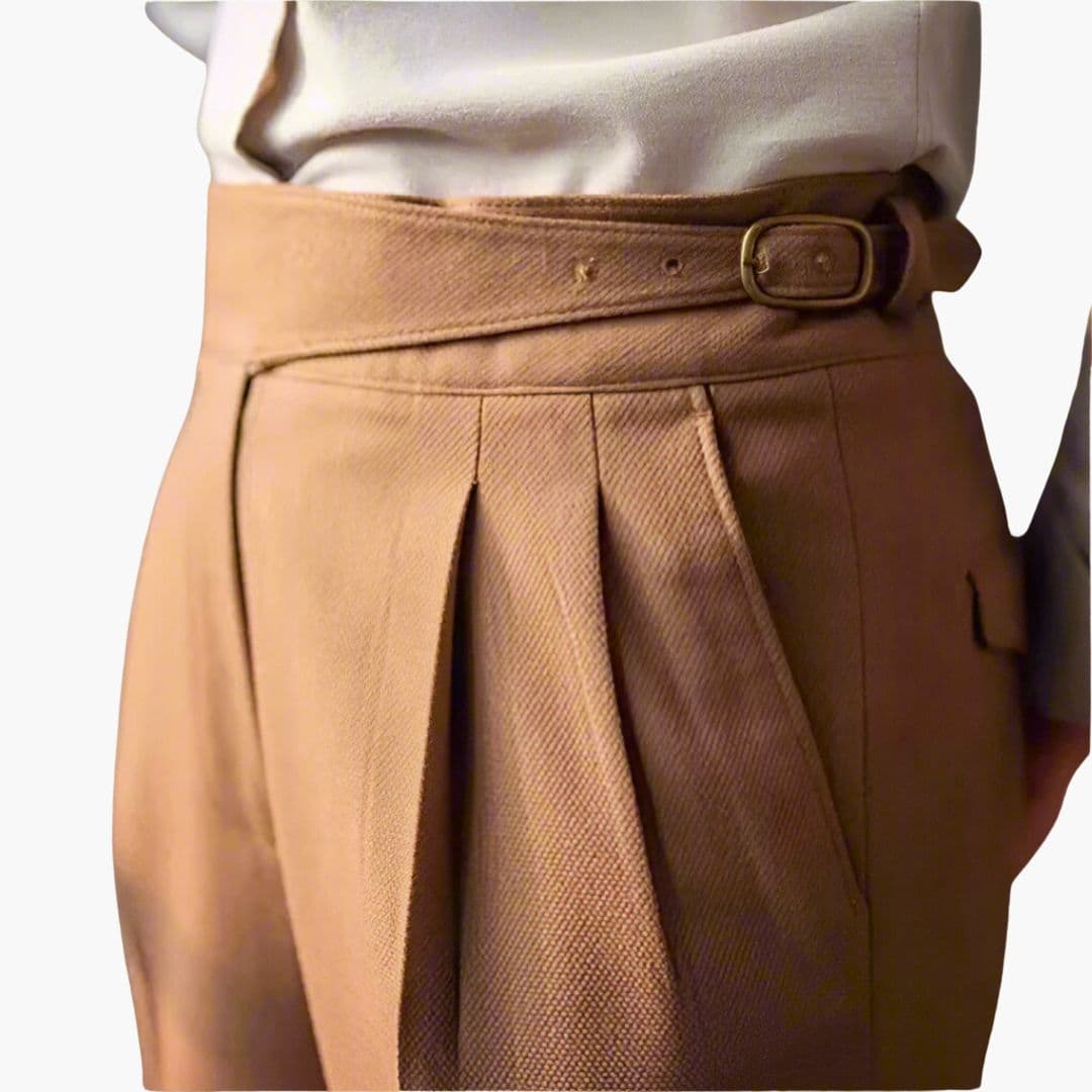 Męskie spodnie z wysokim stanem i zakładkami z przodu