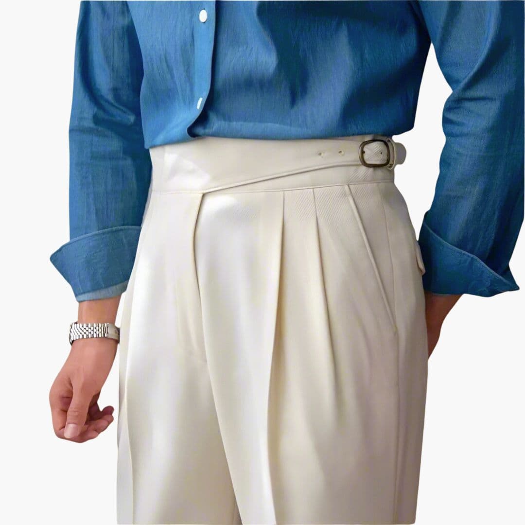 Męskie spodnie z wysokim stanem i zakładkami z przodu