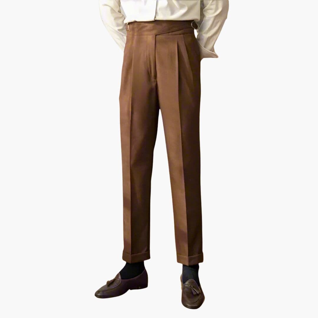 Męskie spodnie z wysokim stanem i zakładkami z przodu