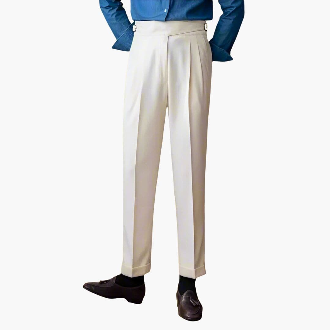 Męskie spodnie z wysokim stanem i zakładkami z przodu