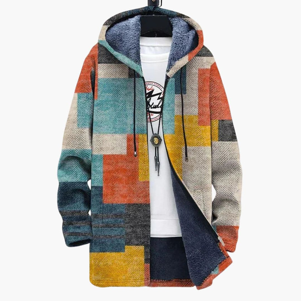 Męski kardigan z kapturem i wzorem kolorowych bloków