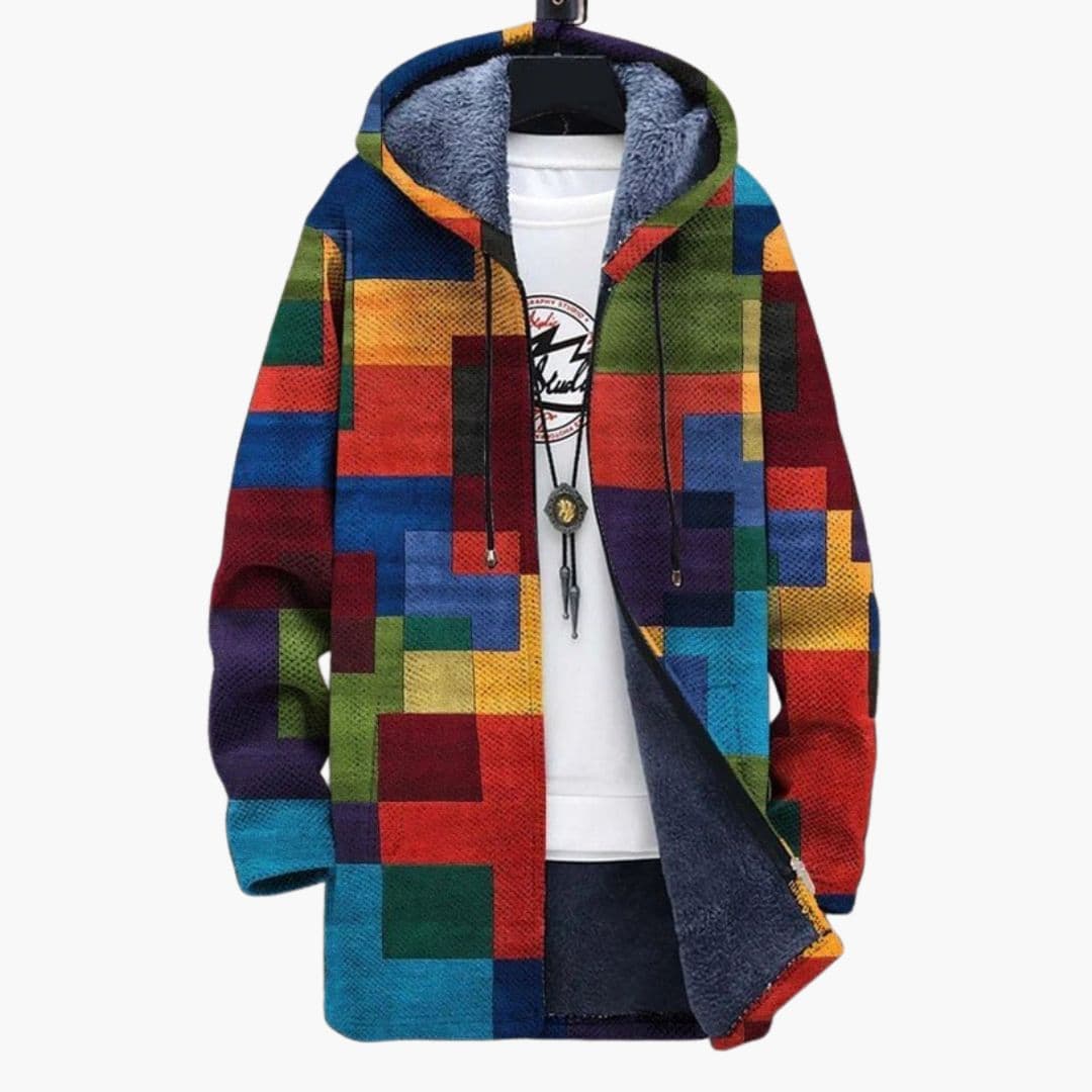 Męski kardigan z kapturem i wzorem kolorowych bloków