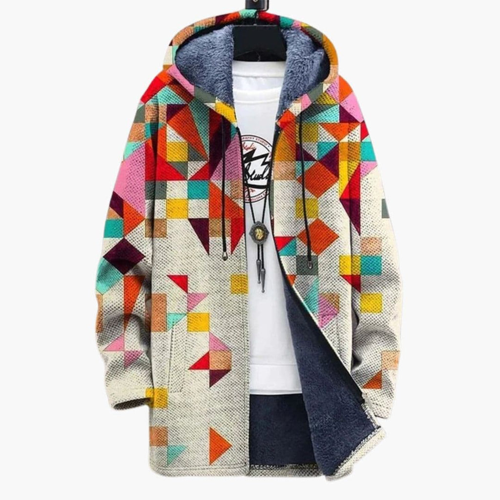 Męski kardigan z kapturem i wzorem kolorowych bloków