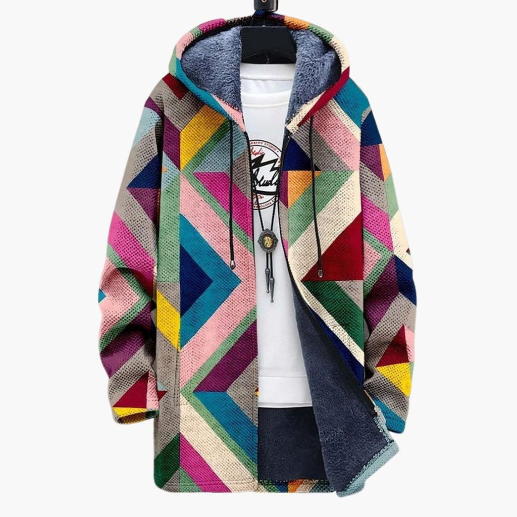 Męski kardigan z kapturem i wzorem kolorowych bloków